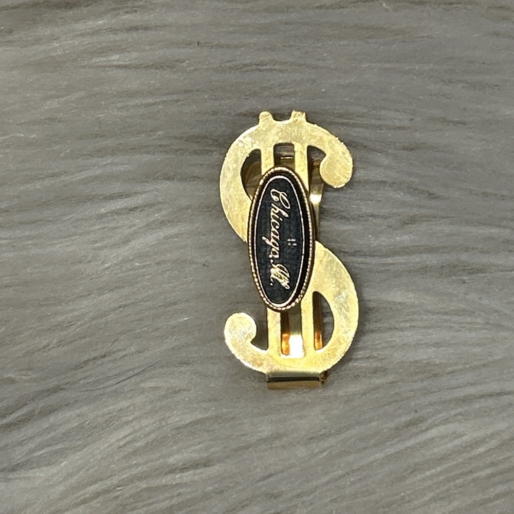 Gold Tone Dollar Sign Money Clip Black Enamel Accent Chicago‎ Old Money Vintage